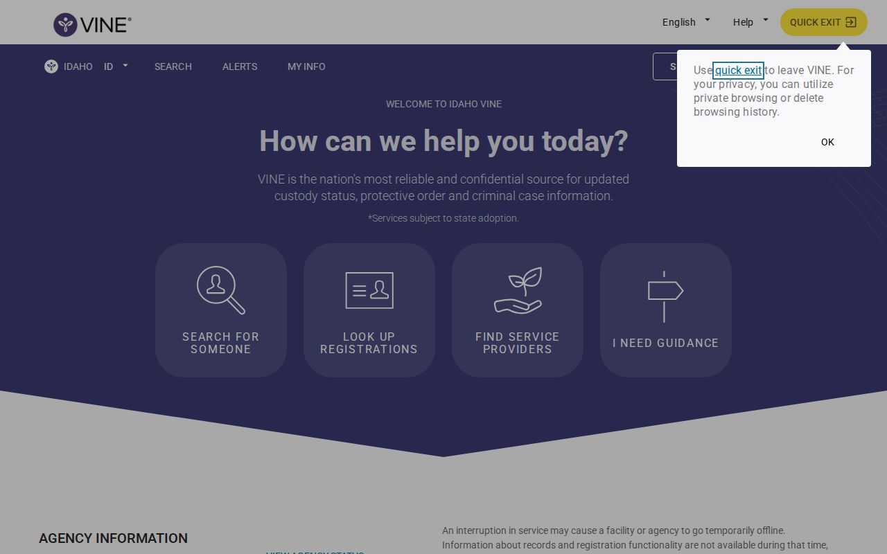 Official Idaho VINELink custody search interface