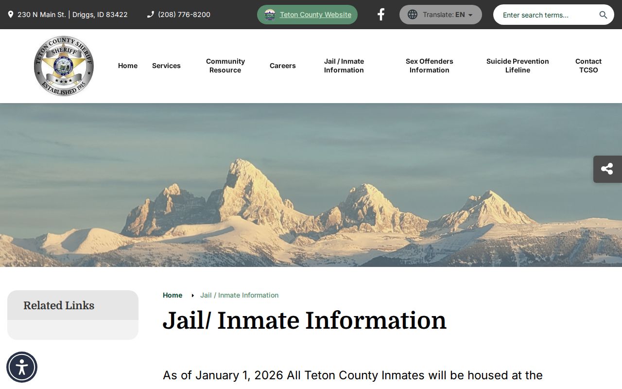 Teton County Sheriff jail page explaining the Madison County custody arrangement