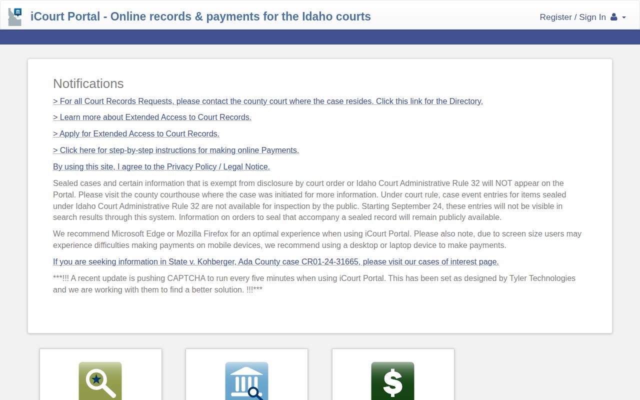Idaho iCourt name case and hearing search interface