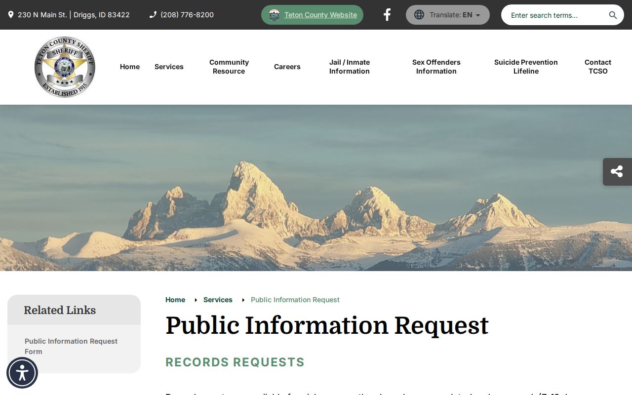 Teton County Sheriff public information request instructions for reports and booking photos
