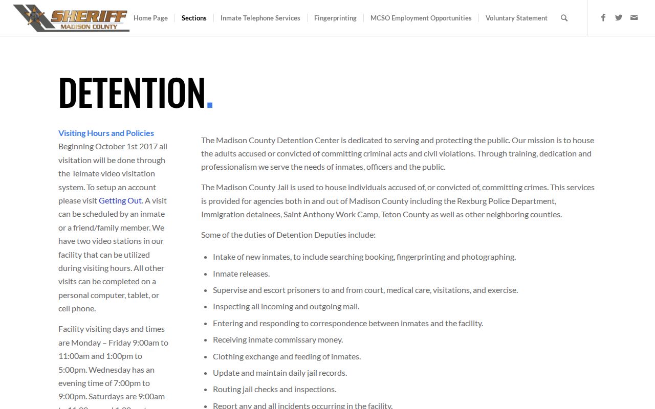 Madison County detention page listing Teton County among agencies served