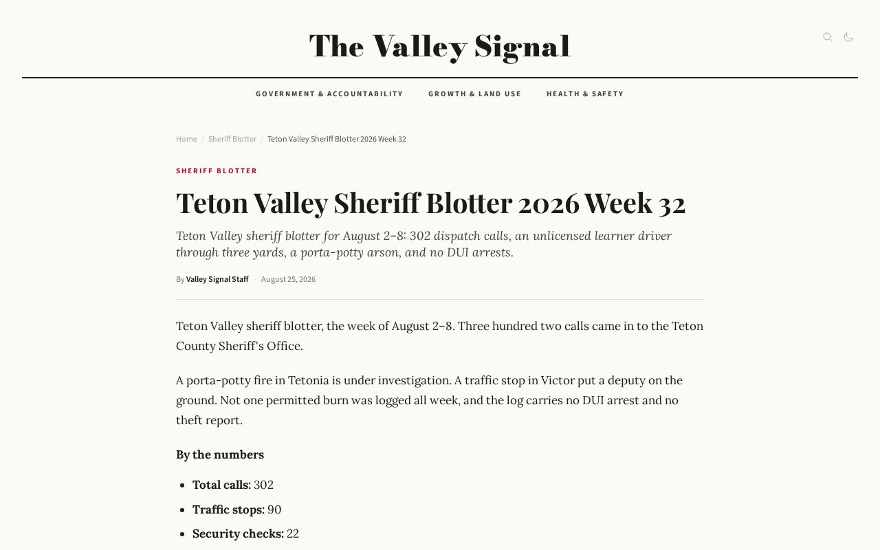 Valley Signal Week 32 Sheriff Blotter showing a fixed weekly dispatch-report window